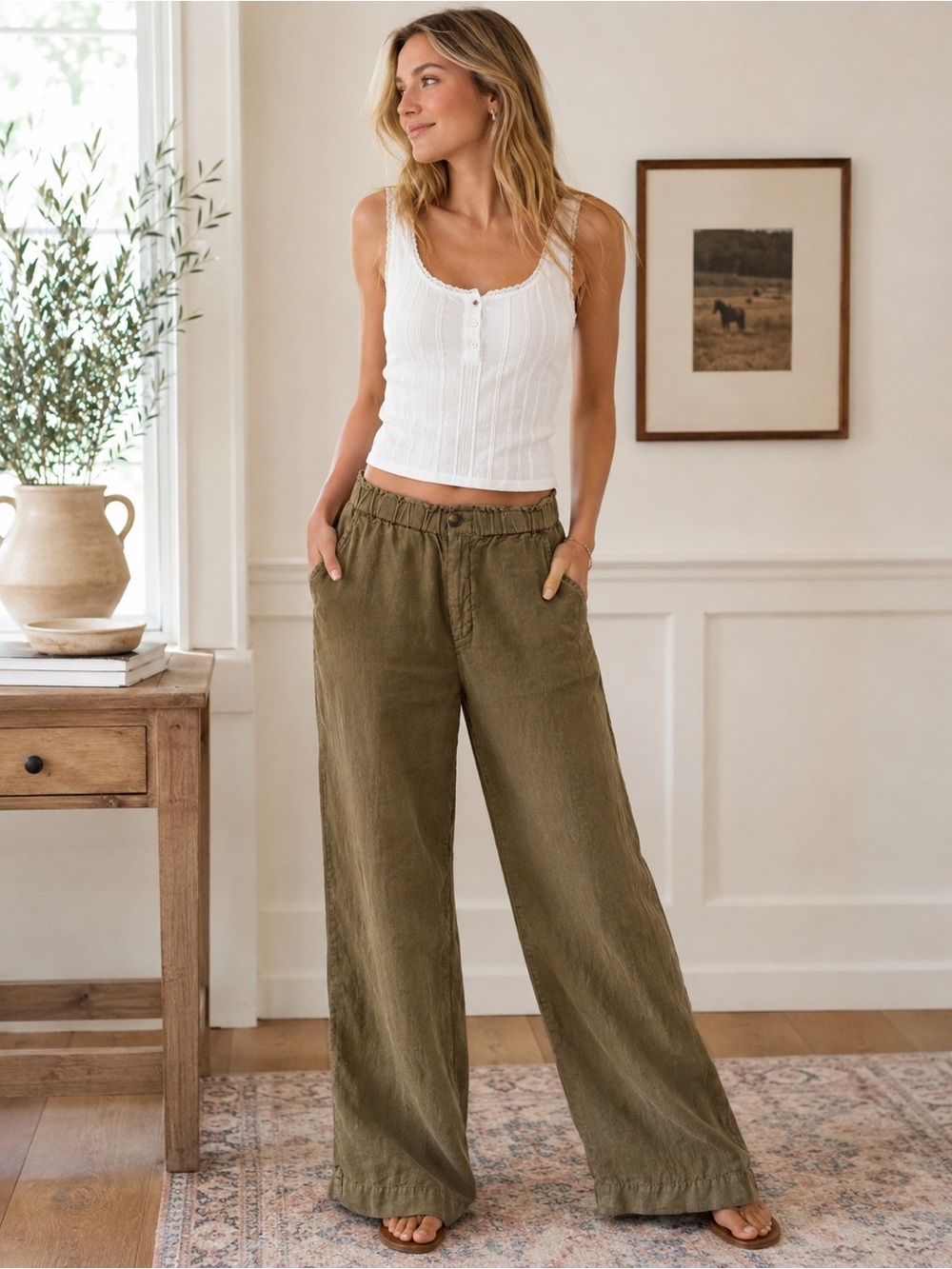 Faherty Wide Leg Linen-Blend Pants in Olive